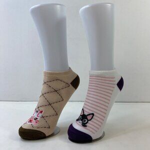 Womens Ankle Socks Set 2 Stripes Argyle Pattern Cat Print Brown Pink White Black